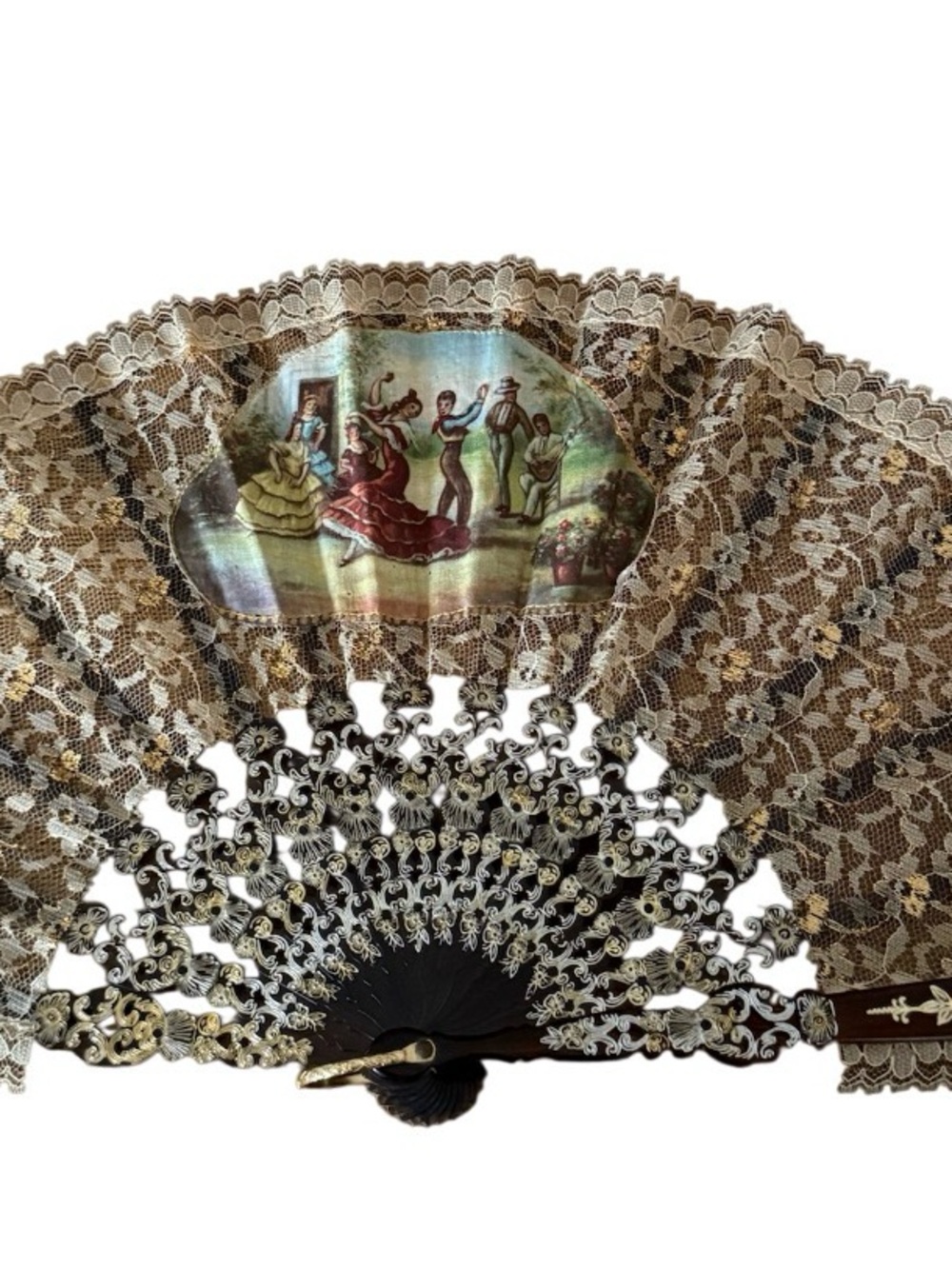 VTG Lace Decorative Hand Fan in Brown and Gold handcrafted in Spain “Flamenco”